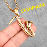 Saxophone Long Men Necklaces Pendant Chain Punk Cool Punk for Boyfriend Male Stainless Steel Jewelry Creativity Gift Wholesale